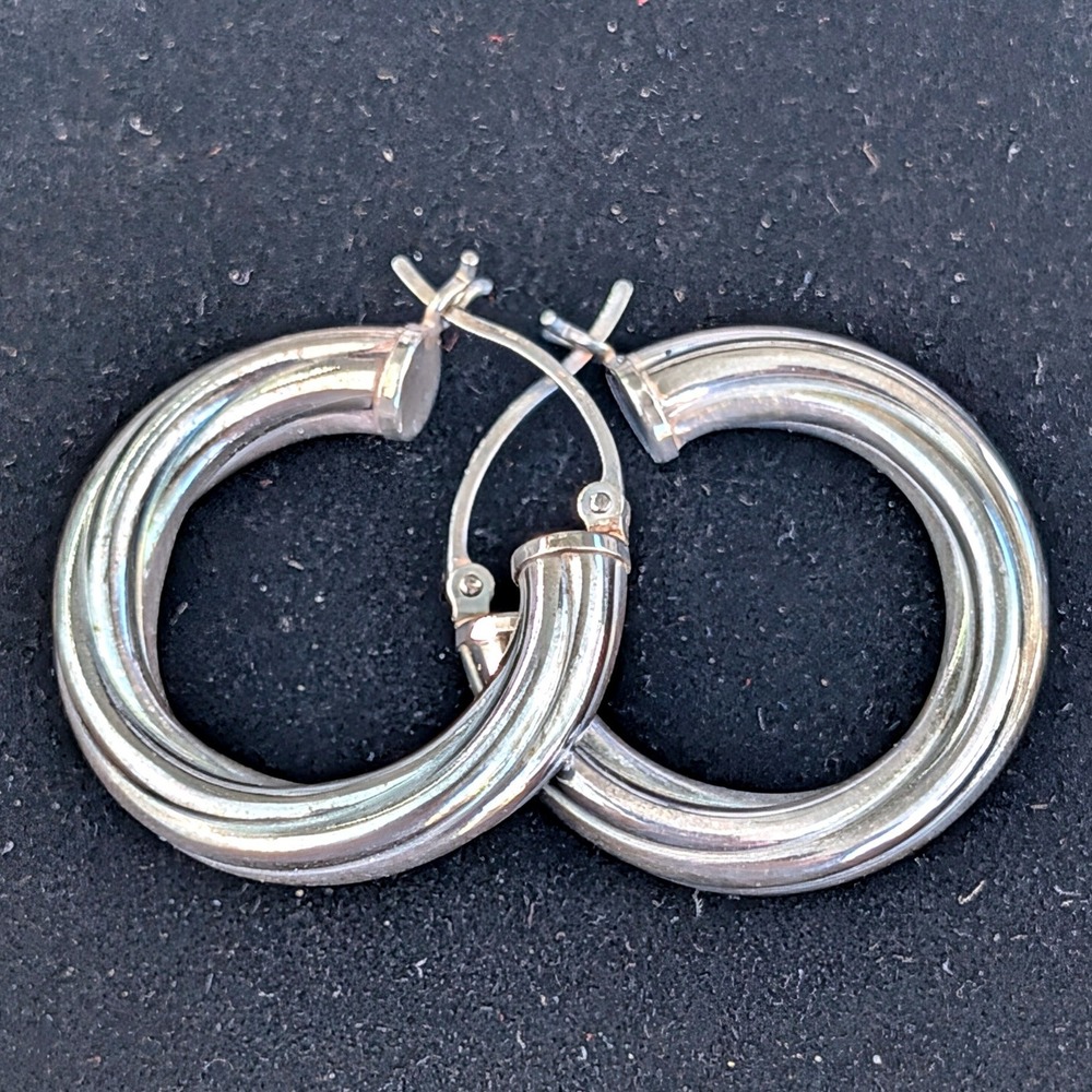 Vintage Sterling Silver Hoop Earrings 1 Inch Round Latch Back 3715